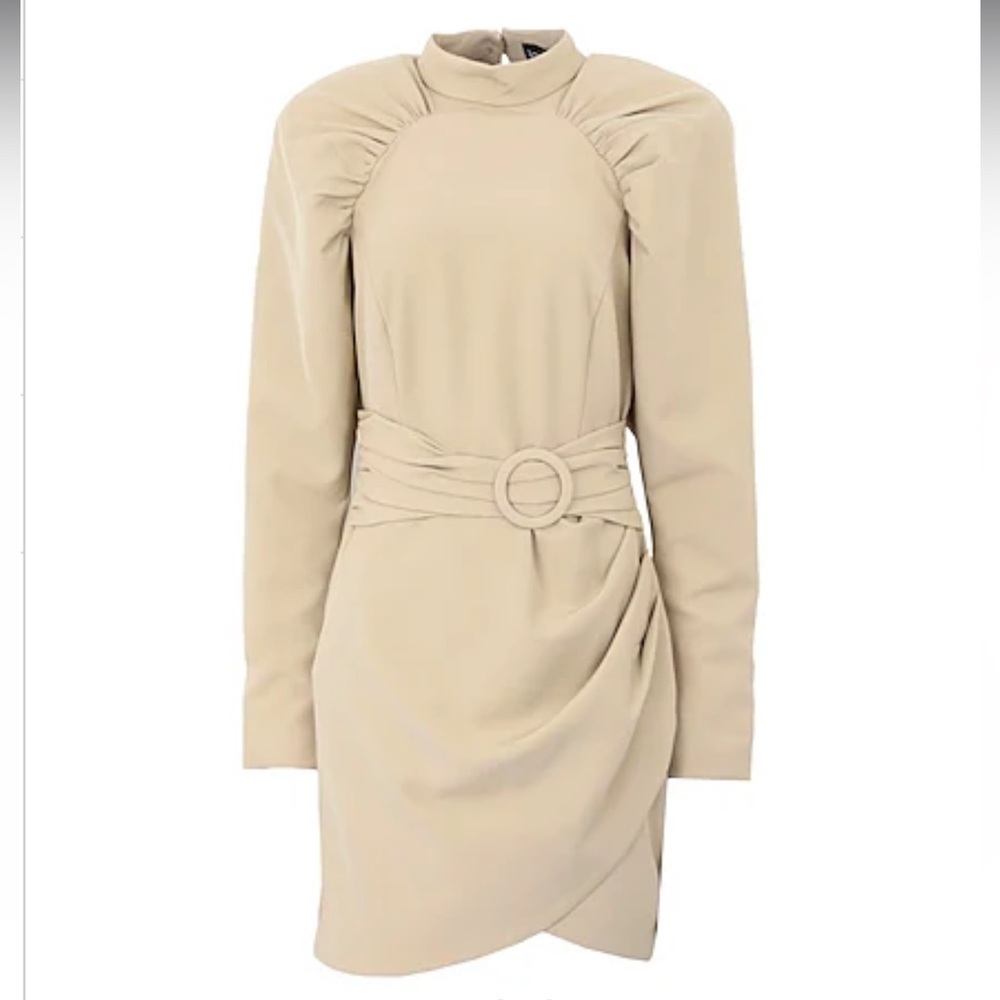 Lavish Alice high neck pleated Raglan puff sleeve mini dress in beige